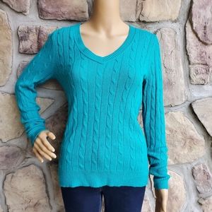 LOFT | Teal Cable Knit V-Neck Sweater